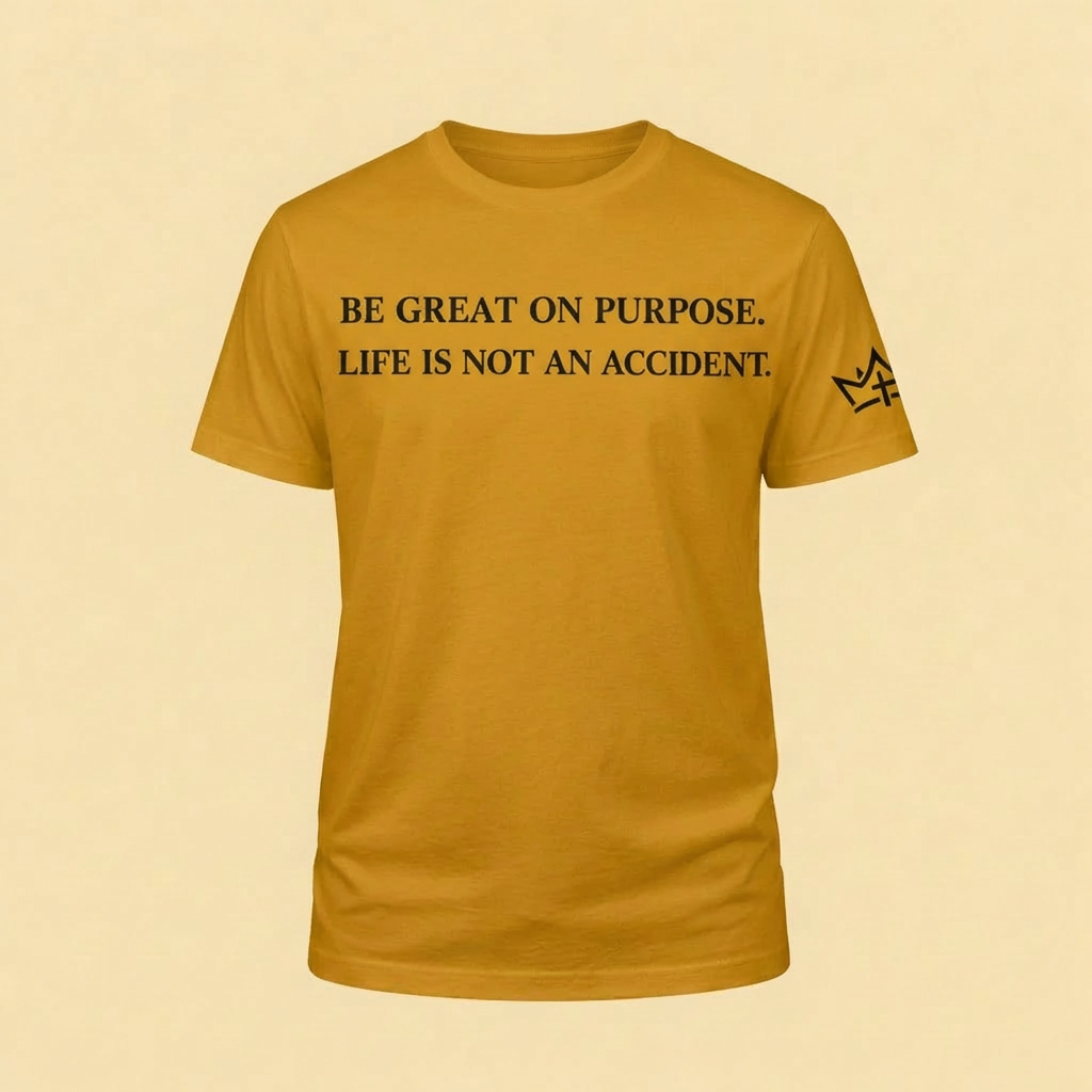 Unisex gold edition T-shirt by CIM Designs with "Be Great On Purpose" slogan printed on front.