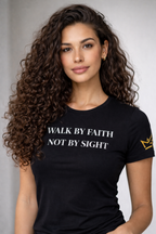Black CIM Designs Walk By Faith unisex T-shirt featuring Christian-themed text and design on the front.