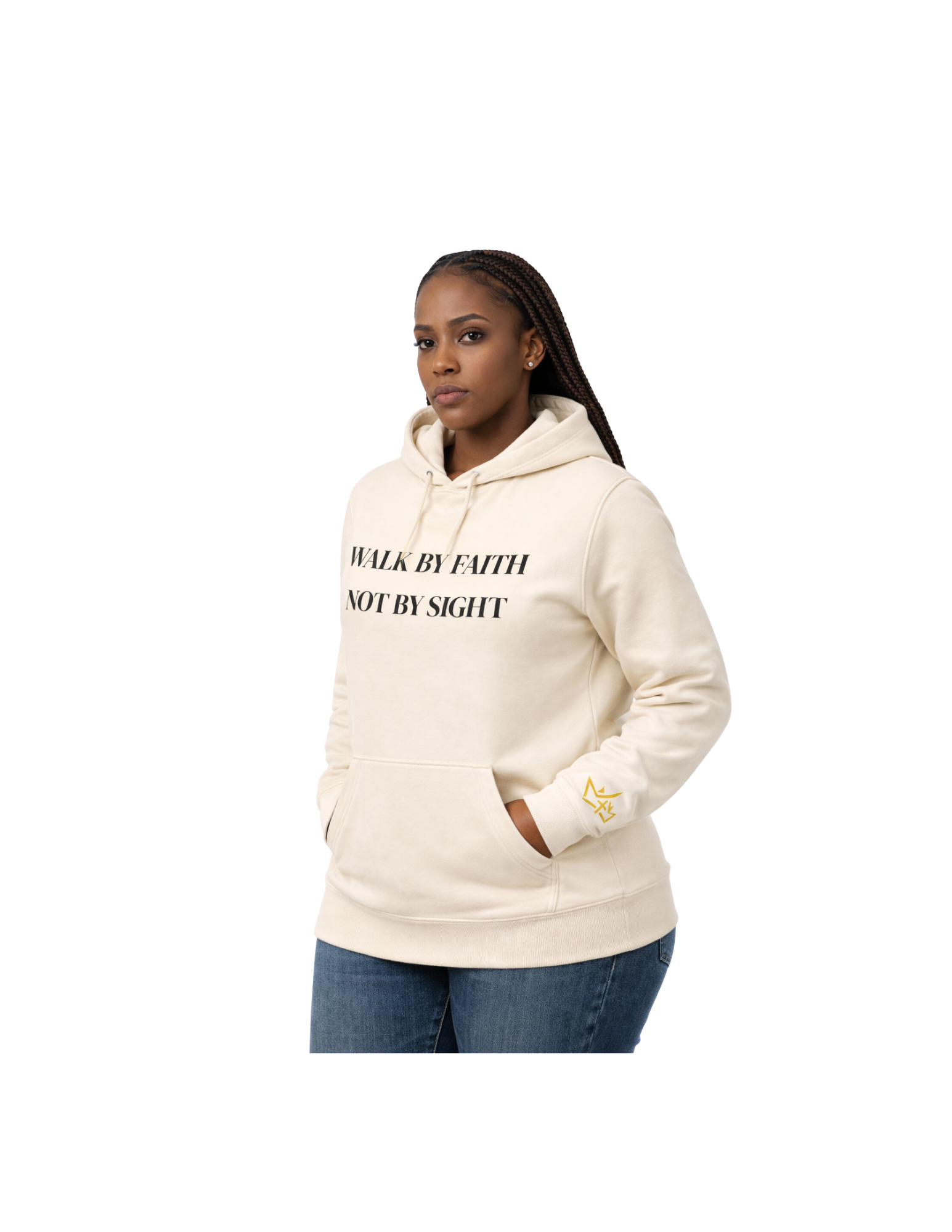 Cream unisex hoodie by CIM Designs featuring "Walk By Faith" text, casual fit, and comfortable fabric for everyday wear.