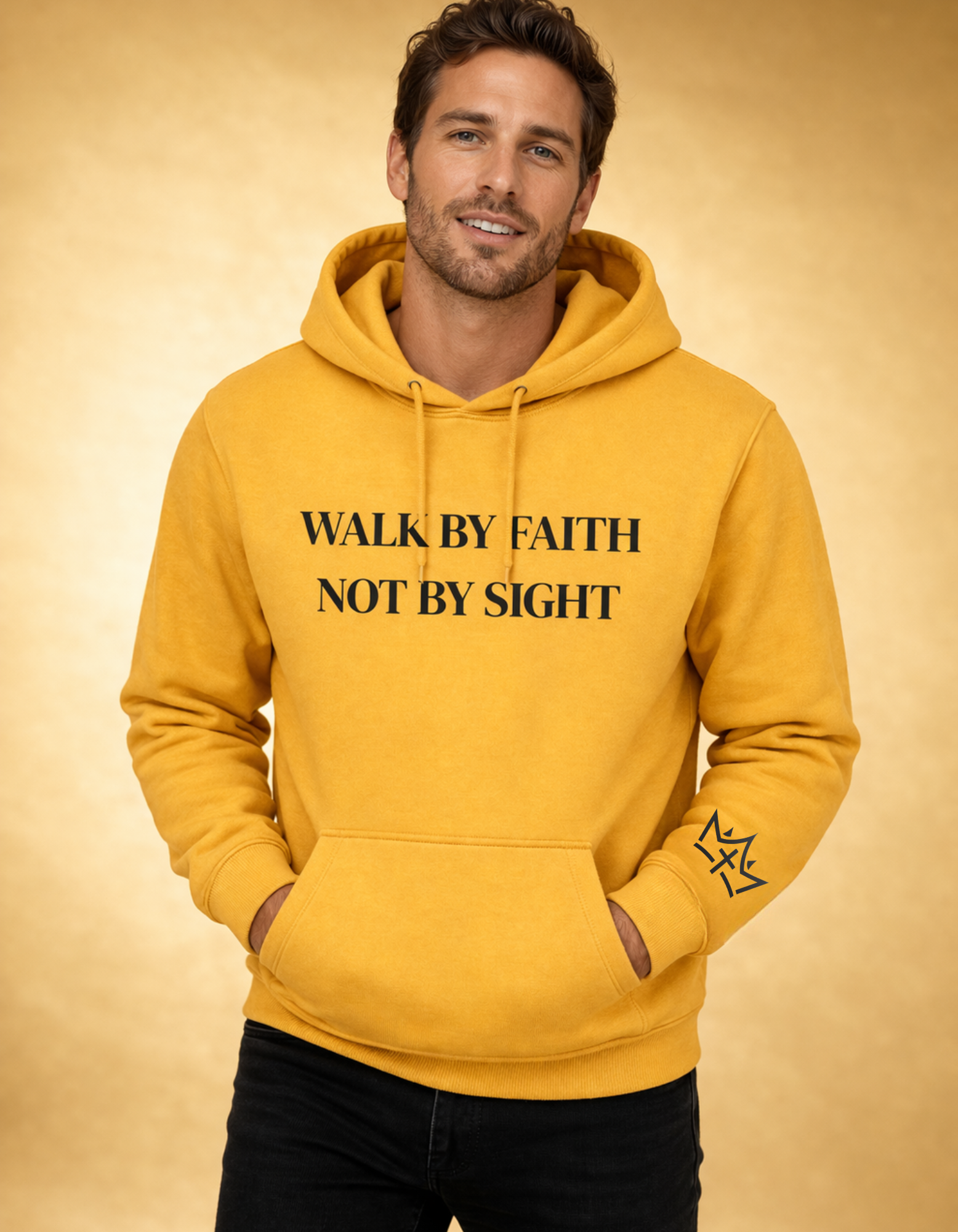 Unisex gold hoodie from CIM Designs with "Walk By Faith" slogan, featuring a comfortable fit and stylish Christian-inspired design.