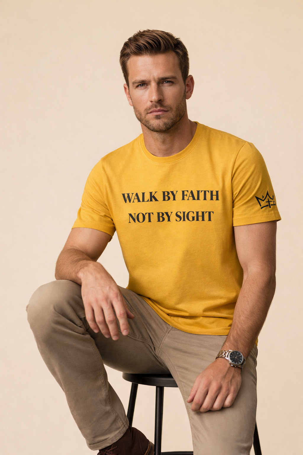 Unisex gold edition Walk By Faith Christian T-shirt by CIM Designs, featuring inspirational faith-based message and stylish design.