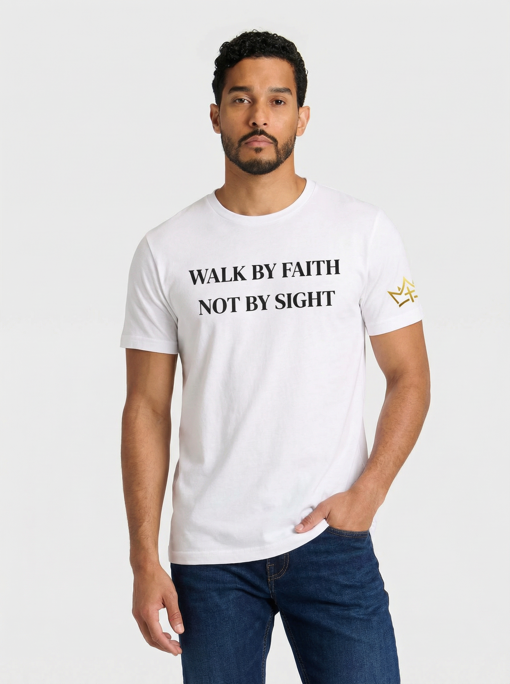White unisex T-shirt by CIM Designs featuring "Walk By Faith" printed design, casual Christian-inspired apparel.