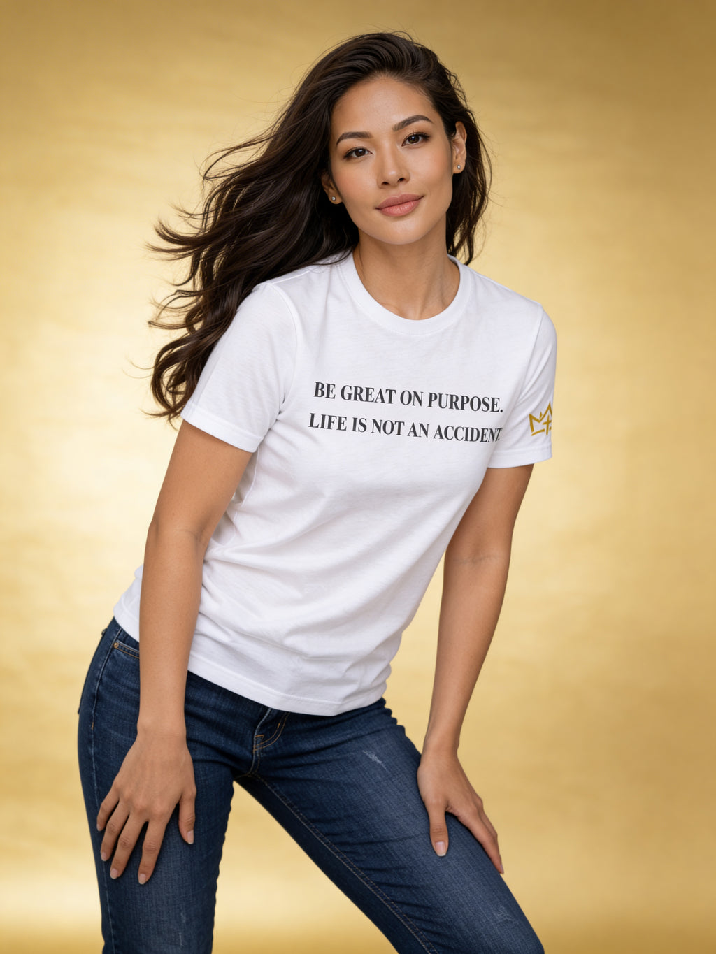 White unisex T-shirt from CIM Designs with "Be Great On Purpose" motivational Christian message.
