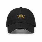 Black denim hat by Printify with embroidered gold crown design, stylish and casual headwear for everyday wear.
