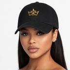 Black denim hat with embroidered gold crown design, stylish hat from Printify featuring detailed crown embroidery.
