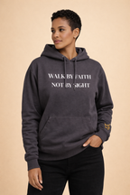 Gray unisex hoodie from CIM Designs featuring "Walk By Faith" text, made of soft fabric with a comfortable fit.