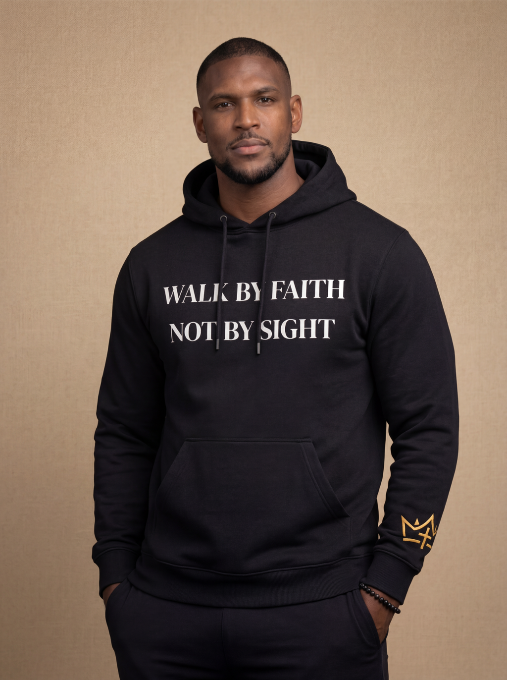 Black CIM Designs Walk By Faith unisex hoodie with front graphic design, soft fabric, and comfortable fit.