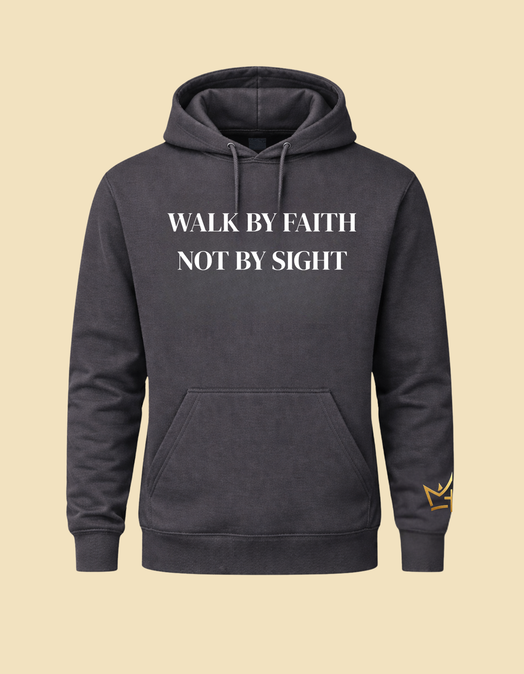 Gray unisex hoodie by CIM Designs featuring "Walk By Faith" text, casual fit, and soft fabric for comfortable everyday wear.