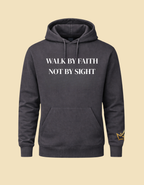 Gray unisex hoodie by CIM Designs featuring "Walk By Faith" text, casual fit, and soft fabric for comfortable everyday wear.