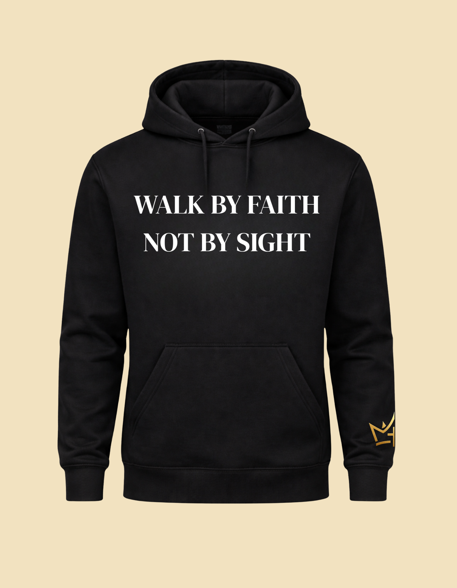 Black CIM Designs Walk By Faith unisex hoodie with front print, casual fit, and ribbed cuffs and hem.