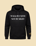 Black CIM Designs Walk By Faith unisex hoodie with front print, casual fit, and ribbed cuffs and hem.