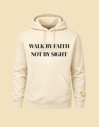 Cream-colored CIM Designs Walk By Faith unisex hoodie featuring a comfortable fit and faith-inspired design.