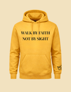 Unisex gold hoodie from CIM Designs featuring "Walk By Faith" graphic, soft fabric, and comfortable fit.