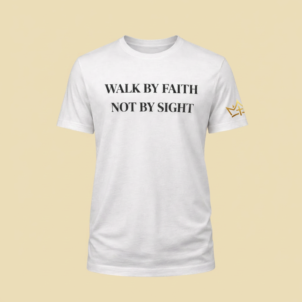 White CIM Designs Walk By Faith unisex T-shirt with printed text, casual fit, and classic crew neckline, front view.