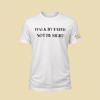 White CIM Designs Walk By Faith unisex T-shirt with printed text, casual fit, and classic crew neckline, front view.