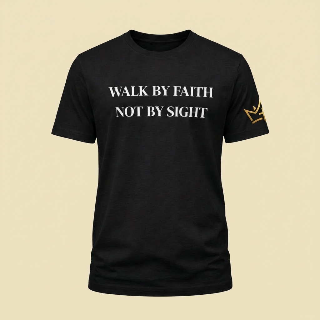 Black CIM Designs Walk By Faith unisex T-shirt featuring bold white text on the front for a casual, faith-inspired look.