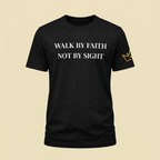 Black CIM Designs Walk By Faith unisex T-shirt featuring bold white text on the front for a casual, faith-inspired look.