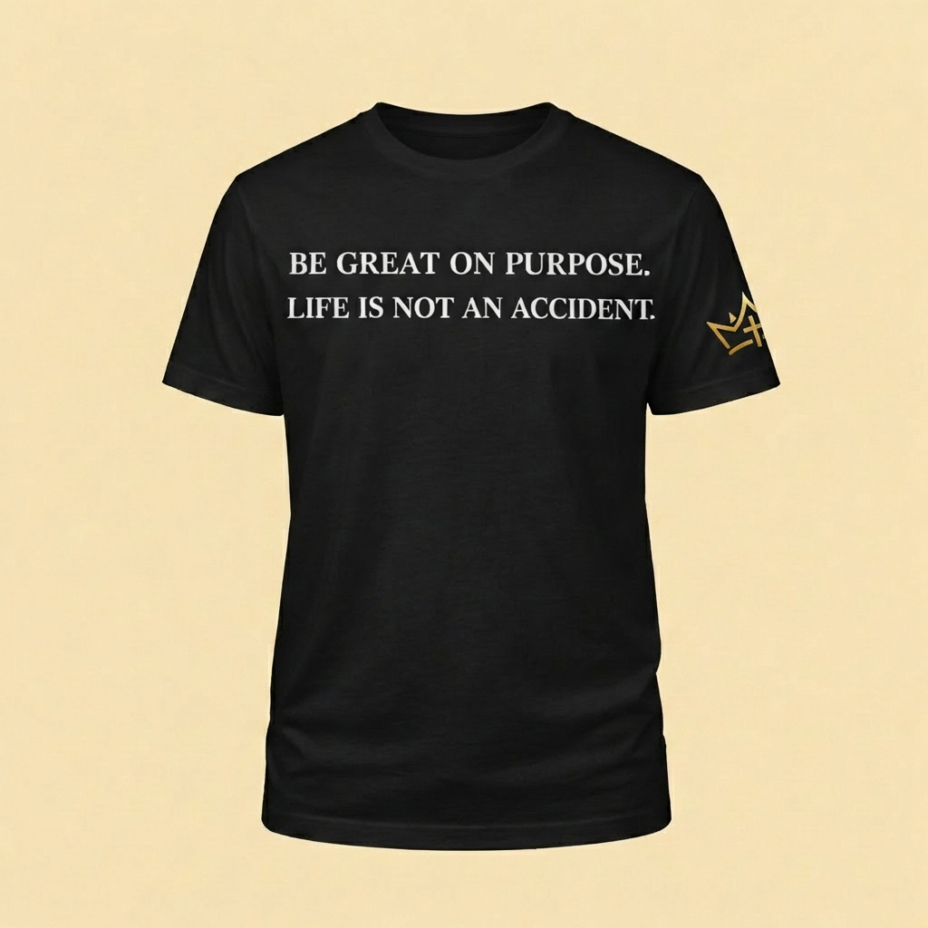Black unisex T-shirt from CIM Designs with "Be Great On Purpose" slogan, casual fit, and comfortable fabric.