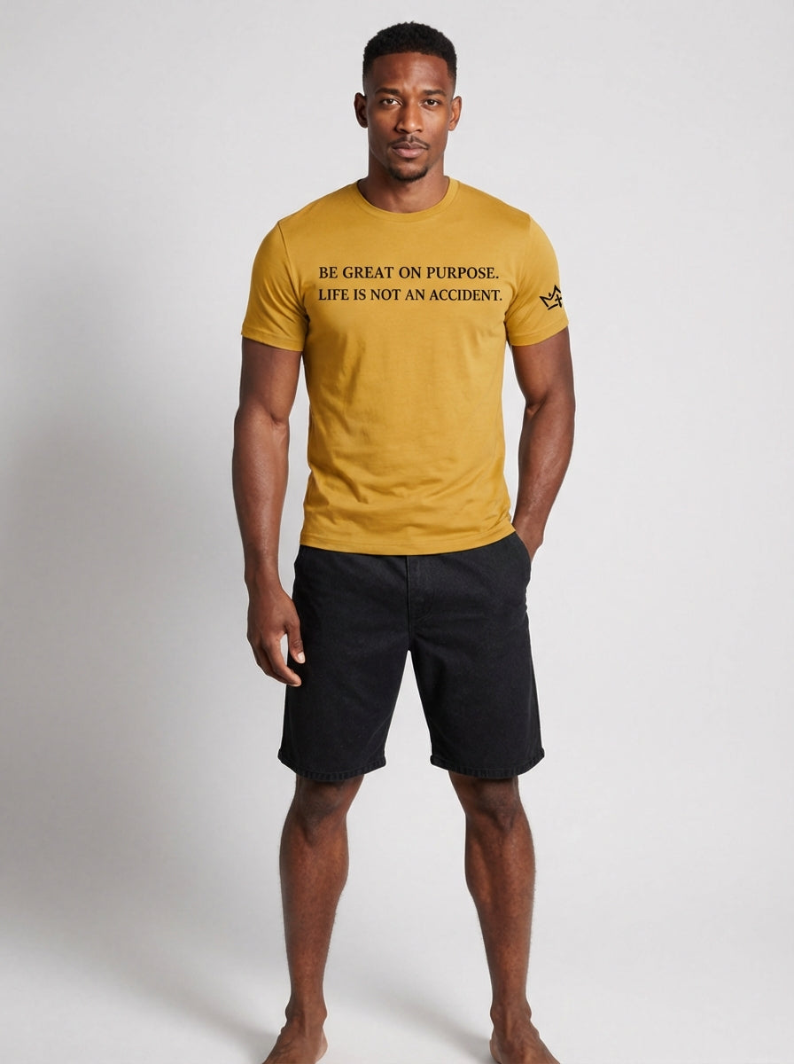 Unisex gold edition T-shirt by CIM Designs with "Be Great On Purpose" slogan on front, casual fit and soft fabric.