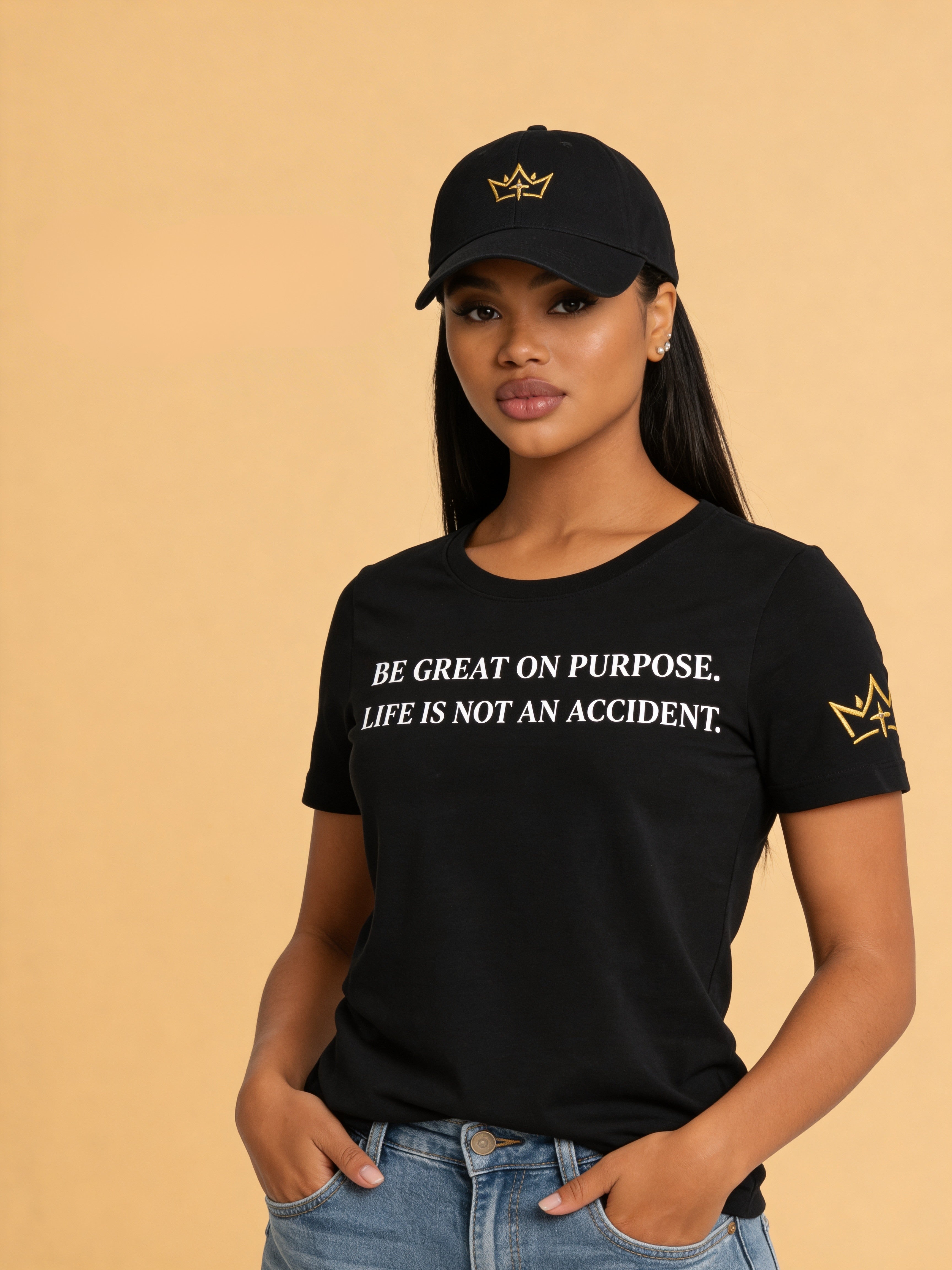 Black CIM Designs Be Great On Purpose unisex T-shirt with motivational text, casual fit, and soft cotton fabric.